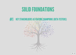SOLID FOUNDATIONS
KEY STAKEHOLDERS AS FEATURE CHAMPIONS (BETA TESTERS)
#1
6 . 2
 