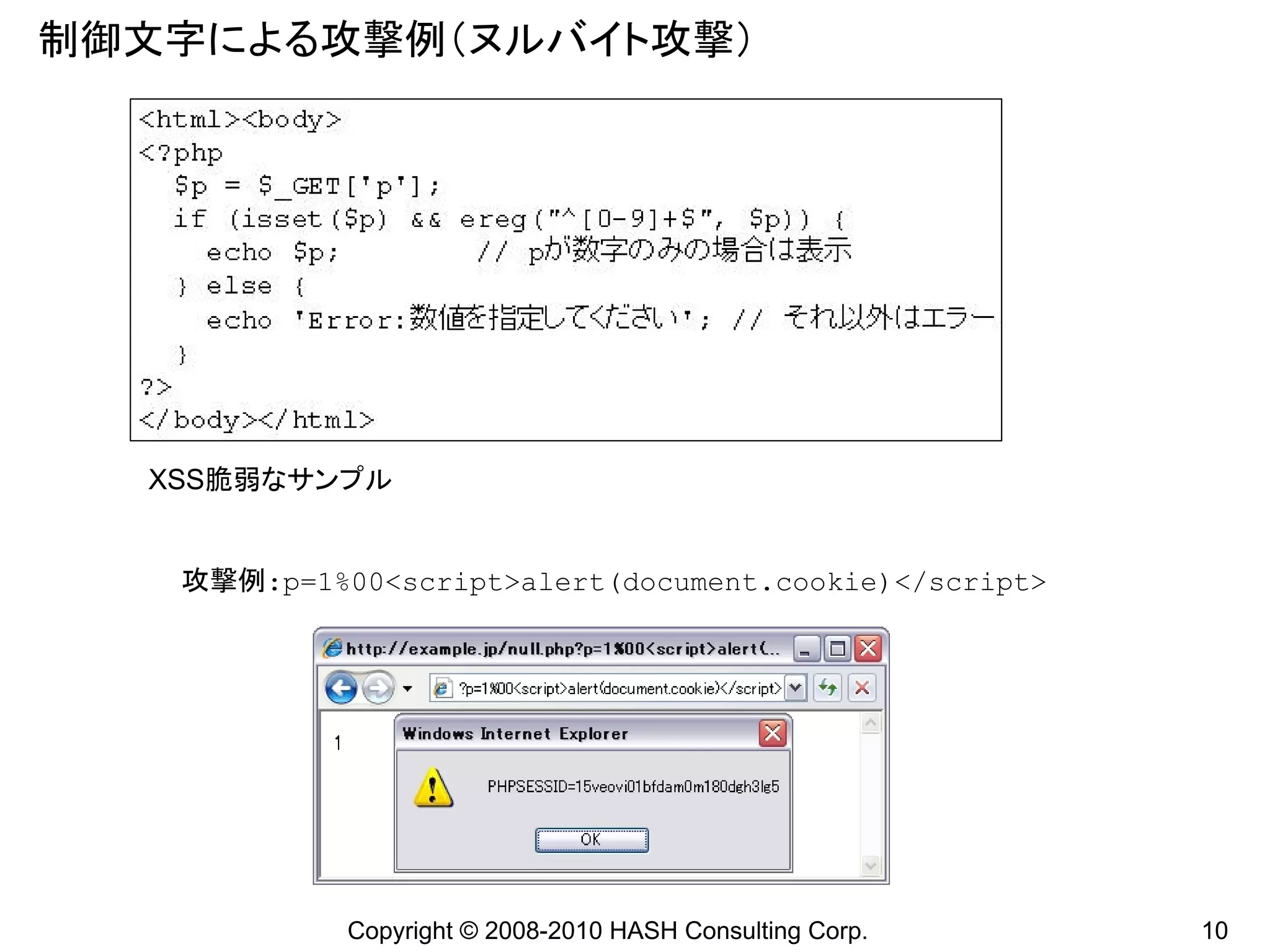 制御文字による攻撃例（ヌルバイト攻撃）




  XSS脆弱なサンプル


   攻撃例:p=1%00<script>alert(document.cookie)</script>




            Copyright © 2008-2010 HASH Consulting Corp.   10
 