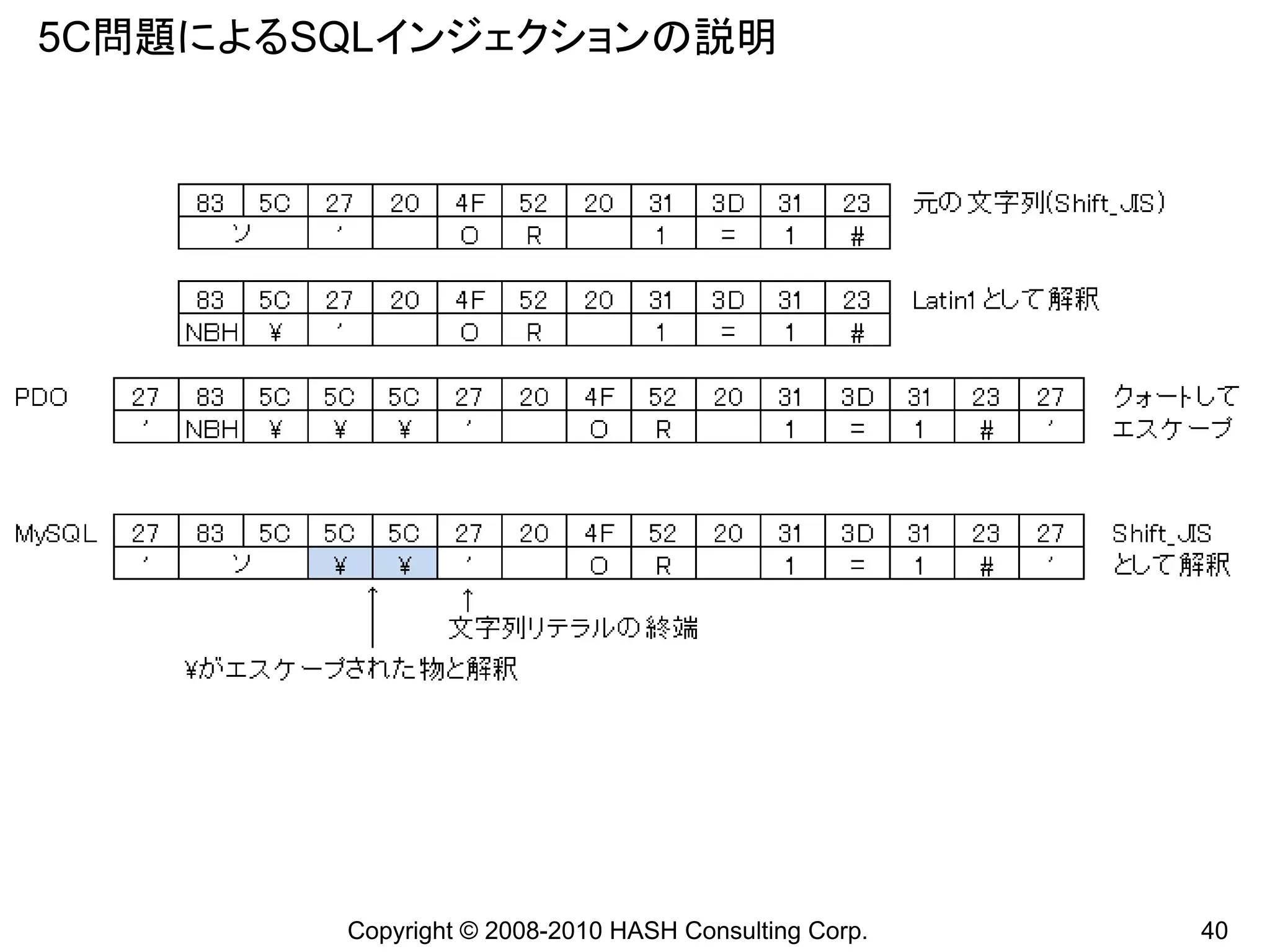 5C問題によるSQLインジェクションの説明




        Copyright © 2008-2010 HASH Consulting Corp.   40
 