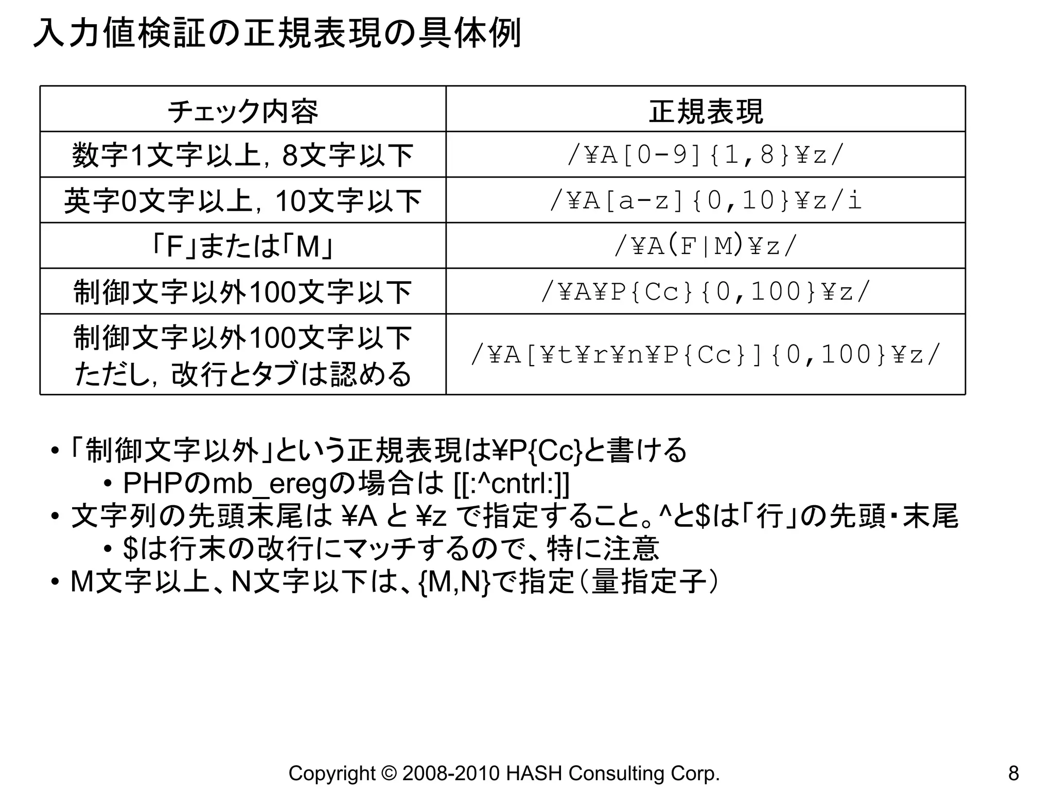 入力値検証の正規表現の具体例

     チェック内容                               正規表現
 数字1文字以上，8文字以下                       /¥A[0-9]{1,8}¥z/
英字0文字以上，10文字以下                     /¥A[a-z]{0,10}¥z/i
    「F」または「M」                             /¥A（F|M）¥z/
 制御文字以外100文字以下                    /¥A¥P{Cc}{0,100}¥z/
 制御文字以外100文字以下
                           /¥A[¥t¥r¥n¥P{Cc}]{0,100}¥z/
 ただし，改行とタブは認める

• 「制御文字以外」という正規表現は¥P{Cc}と書ける
    • PHPのmb_eregの場合は [[:^cntrl:]]
• 文字列の先頭末尾は ¥A と ¥z で指定すること。^と$は「行」の先頭・末尾
    • $は行末の改行にマッチするので、特に注意
• M文字以上、N文字以下は、{M,N}で指定（量指定子）




          Copyright © 2008-2010 HASH Consulting Corp.    8
 