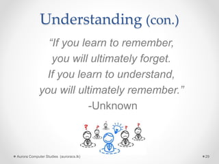 Understanding (con.)
“If you learn to remember,
you will ultimately forget.
If you learn to understand,
you will ultimately remember.”
-Unknown
Aurora Computer Studies (auroracs.lk) 29
 