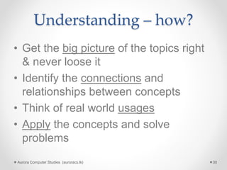 Understanding – how?
• Get the big picture of the topics right
& never loose it
• Identify the connections and
relationships between concepts
• Think of real world usages
• Apply the concepts and solve
problems
Aurora Computer Studies (auroracs.lk) 30
 