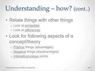 Understanding – how? (cont..)
• Relate things with other things
o Look at similarities
o Look at differences
• Look for following aspects of a
concept/theory
o Positive things (advantages)
o Negative things (disadvantages)
o Interesting/unique points
Aurora Computer Studies (auroracs.lk) 32
 