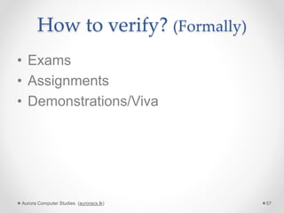 How to verify? (Formally)
• Exams
• Assignments
• Demonstrations/Viva
Aurora Computer Studies (auroracs.lk) 57
 