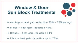 Window & Door
Sun Block Treatments
 Awnings – heat gain reduction 65% - 77%savings
 Blinds – heat gain reduction 45%
 Drapes – heat gain reduction 33%
 Films – heat gain reduction up to 75%
v
b
 