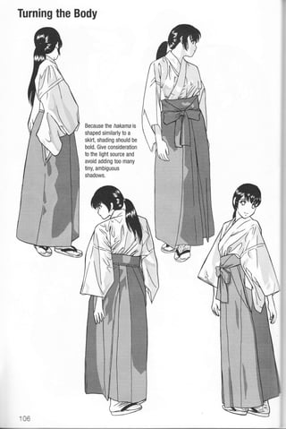 Turning the Body
Ub
Because lhe hakamais
shaped similarly to a
skirt, shading should be
bold. Give consideration
to the light source and
avoid adding too many
tiny, ambiguous
shadows.
 