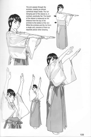 The arm passes through the
armhole, creating an almost
cylindrical shape inside. The furi
(hanging pad of the sleeve) is, in
contrast, practically flat. The height
of the sleeve is measured as the
distance from the top of the
armhole to the bottom ot lhe furi.
While the armhole and the furitorm
a single unit, conceive of them as
separate pieces when drawing.
,)
 