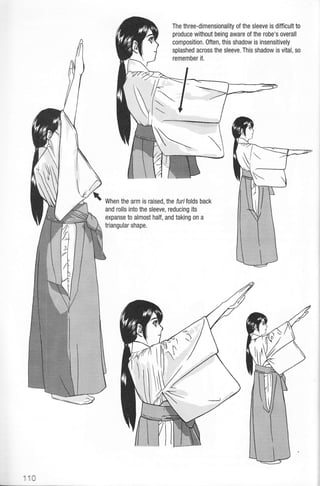 The three-dimensionality of the sleeve is difficult to
produce without being aware of the robe's overall
composition. 0ften, this shadow is insensitively
splashed across the sleeve. This shadow is vital, so
remember it.
When the arm is raised, the furi folds back
and rolls into the sleeve, reducing its
expanse to almost half, and taking on a
triangular shape.
lt
 