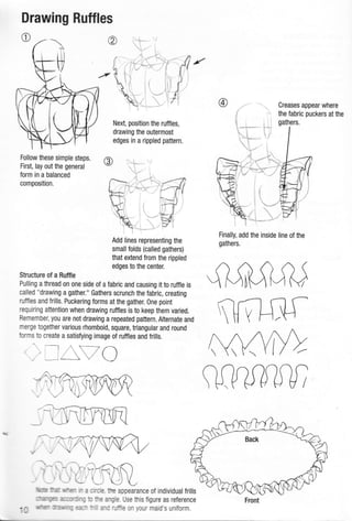 Drawing Ruffles
1VO
@ Creases appear where
the fabric puckers at the
Next, position the ruffles,
drawing the outermost
edges in a rippled pattern
Follow these simple steps.
First, lay out the general
form in a balanced
composition.
Add lines representing the
small folds (called gathers)
that extend from the rippled
edges to the center.
Structure of a Buffle
Pulling a thread on one side of a fabric and causing it to ruffle is
called "drawing a gather." Gathers scrunch the fabric, creating
ruffles and frills. Puckering forms at the gather. One point
requiring attention when drawing rutfles is to keep them varied.
Remember, you are not drawing a repeated pattern. Alternate and
merge together various rhomboid, square, triangular and round
forms to create a satisfying image of ruffles and frills,
Finally, add the inside line of the
gathers.
W
W
w
!
:-i-:Er :,:._::i-- -;:: Ie angle. Use this figure as reference
nrirrr :r':rL' 't-i :?t- + a-i --]ffle 0n yOUf maid'S UnifOfm.
 