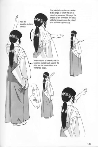 The hakuls form alters according
to the angle at which the arm is
raised. As shown on this page, the
shapes of the shoulders and back
still change even when the raised
arm is hidden by the body.
When the arm is lowered,lhe furi
<- becomes tucked back against the
side, and the sleeve takes on a
cylindrical shape.
127
 