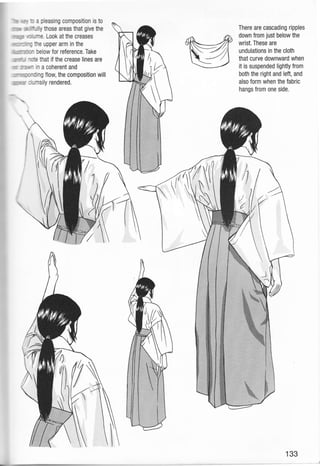 There are cascading ripples
down from just below the
wrist. These are
undulations in the cloth
that curve downward when
it is suspended lightly from
both the right and left, and
also form when the fabric
hangs from one side.
133
 