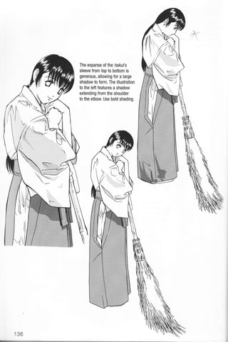 JO
N<
/Al,/)
/- "
:":,",",,,,,.,,,
*
The expanse otlhe hakuls
sleeve from top to bottom is
generous, allowing for a large
shadow to form. The illustration
to the left features a shadow
extending from the shoulder
to the elbow, Use bold shading.
 