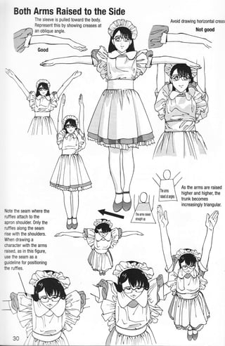 Both Arms Raised to the Side
The sleeve is pulled toward the body.
Represent this by showing creases at
an oblique angle.
Avoid drawing horizontal creas
Not good
increasingly triangular.
+o/Y Y As the arms are raised
/ lffiTH,,n_ li,ffi:::J::J".'
Note the seam where the
rulfles attach to the
apron shoulder. 0nly the
ruffles along the seam
rise with the shoulders.
When drawing a
character with the arms
raised, as in this figure,
rce fie seam as a
guideline for positioning
he ruffles.
ltL
 