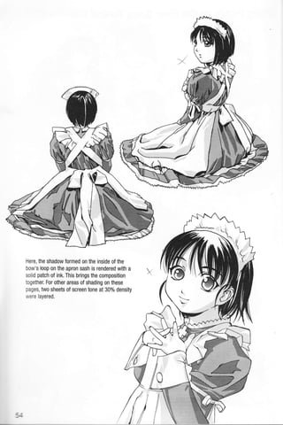 Here, the shadow formed on the inside of the
bow's loop on the apron sash is rendered with a
solid patch of ink. This brings the composition
together. For other areas of shading on these
pages, two sheets of screen tone at 30% density
were layered.
(
-
:T
 