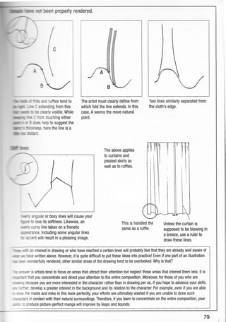 iillllffilnullllrrrrrlrrrru
*wr,e "rr i !€E r'r properly rendered.
llllr ' rr:::: .- - -: :-i fUffleS tend tO
Illr, llllur"' -
-. - :,::nding from this
illnillt ruul*:[ :- :e ::afly visible. While
,11{rllilltLlll r"r r- -; - -:- touching either
tillut tr: - 'l ::i= -elptosuggestthe
lifltlrlll, i - :..-a]:,s here the line is a
lfllllllllflr r- :
=-:
ifliillltli! r,*!
The artist must clearly define from
which fold the line extends. ln this
case, A seems the more natural
point.
The above applies
to curtains and
pleated skirts as
well as to ruffles.
Two lines similarly separated from
the cloth's edge.
Unless the curtain is
supposed to be blowing in
a breeze, use a ruler to
draw these lines.
;- , a"gular or boxy lines will cause your
t-': :: lose its softness. Lrkewise, an
*-r -Jr-v! line takes on a frenetic
;" :n:-ance. lncluding some angular lines
" =:::nt will result in a pleasing image.
This is handled the
same as a ruffle.
r ,, , : e.r interest in drawing or who have reached a certain level will probably feel that they are already well aware of
i ' il: -:,e written above. However, it is quite difficult to put these ideas into practice! Even if one part of an illustration
,r -:- ,rfldBrfully rendered, other similar areas of the drawing tend to be overlooked. Why is that?
,, -' . ,:' s artists tend to focus on areas that attract their attention but neglect those areas that interest them less. lt is
' :r -1 -: :at you concentrate and direct your attention to the entire composition. Moreover, for those of you who are
-; :icause you are more interested in the character rather than in drawing per se, if you hope to advance your skills
:;' develop a greater interest in the background and its relation to the character. For example, even if you are able
- : maids and miko in this book perfectly, your efforts are ultimately wasted if you are unable to draw such
. .- in context with their natural surroundings. Therefore, if you learn to concentrate on the entire composition, your
- :,oduce picture-perfect manga will improve by leaps and hounds.
79
 