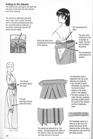 Putting on the Hakama
fhe hakama has openings on the right and
lefi sides to help align the back and the
front when dressing.
The hakama is fastened in the front
with a sash, tied in a bow. The knot
itself is situated somewhat lower than
the obi (broad sash of a kimono). A
decorative cord woven into the oDi
should also be visible.
This oblsecures the
hakui.
This is the knot of the
obi attached to the front
ot lhe hakama.
The pleats are referred to as "box
pleats," and fold toward the center of
lhe hakama. There are four pleats in
the front and four in the back.
The decorative cord is
attached to the o0l in the
following two patterns:
o One consists of seven
alternating, tiny intervals,
the fourth of which
appears in the direct
center of the hakama.
. The other consists of six
wider intervals, gradually
becoming smaller toward
the center otthe hakama
and then broadening
again.
The illustration above is a
close-up of the cord, lt is
woven into the obi of the
hakama similar to the way a
belt weaves in and out of the
belt loops of pants.
+
The back obi is
reinforced to help
it maintain its
shape. The front
obi is similarly
structured.
The oDi becomes
a soft sash at the
opening.
The obl lies
z, somewhat above
tne waist.
The side
openings end just
above the knees.
:5
 