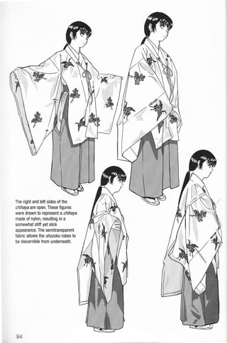 The right and left sides of the
chihaya are open. These figures
were drawn to represent a chihaya
made of nylon, resulting in a
somewhat stiff yet slick
appearance. The semitransparent
fabric allows lhe shozoku robes to
be discernible from underneath.
 