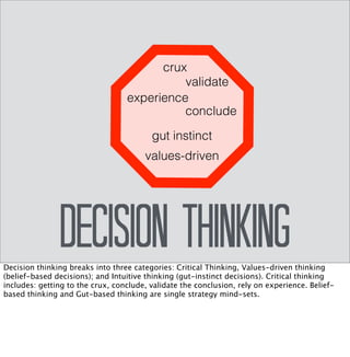 Common Phrases For a 
Decision Thinker 
• “I’m ready to move on to ...” 
• “We’ve already made a decision …” 
• “I don’t know why I think this, but ...” 
• “Last time we tried this ...” 
• “So I think the real problem is ...” 
• “My gut tells me ...” 
 