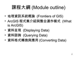 課程大綱 (Module outline) 地理資訊系統概論  (Frontiers of GIS) ArcGIS 程式集介紹與整合運作模式  (What is ArcGIS) 資料呈現  (Displaying Data) 資料諮詢  (Querying Data) 資料格式轉換與應用 (Converting Data) 