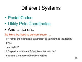 Different Systems Postal Codes Utility Pole Coordinates And…..so on..  So Here we need to concern more….. 1.Whether one coordinate system can be transformed to another?  If Yes, How to do it? 2.Do you know how ArcGIS activate the function? 3. Where is the Taiwanese Grid System? 