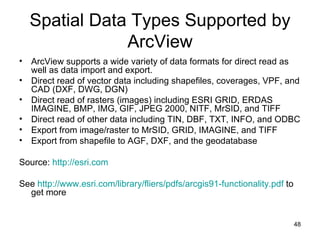 Spatial Data Types Supported by ArcView ArcView supports a wide variety of data formats for direct read as well as data import and export. Direct read of vector data including shapefiles, coverages, VPF, and CAD (DXF, DWG, DGN)  Direct read of rasters (images) including ESRI GRID, ERDAS IMAGINE, BMP, IMG, GIF, JPEG 2000, NITF, MrSID, and TIFF  Direct read of other data including TIN, DBF, TXT, INFO, and ODBC  Export from image/raster to MrSID, GRID, IMAGINE, and TIFF  Export from shapefile to AGF, DXF, and the geodatabase  Source:  http://esri.com See  http://www.esri.com/library/fliers/pdfs/arcgis91-functionality.pdf  to get more 