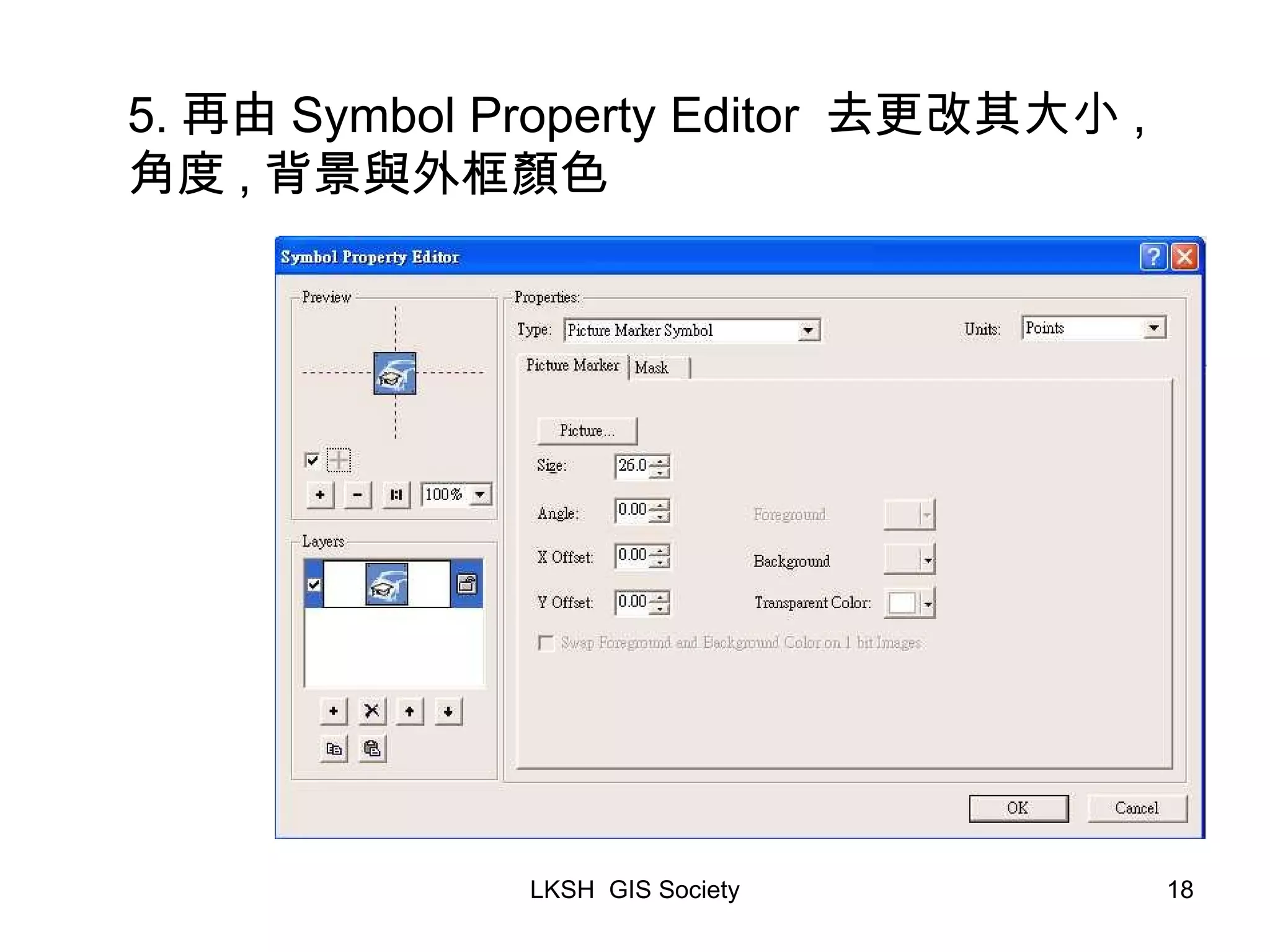 5. 再由 Symbol Property Editor 去更改其大小 , 角度 , 背景與外框顏色 