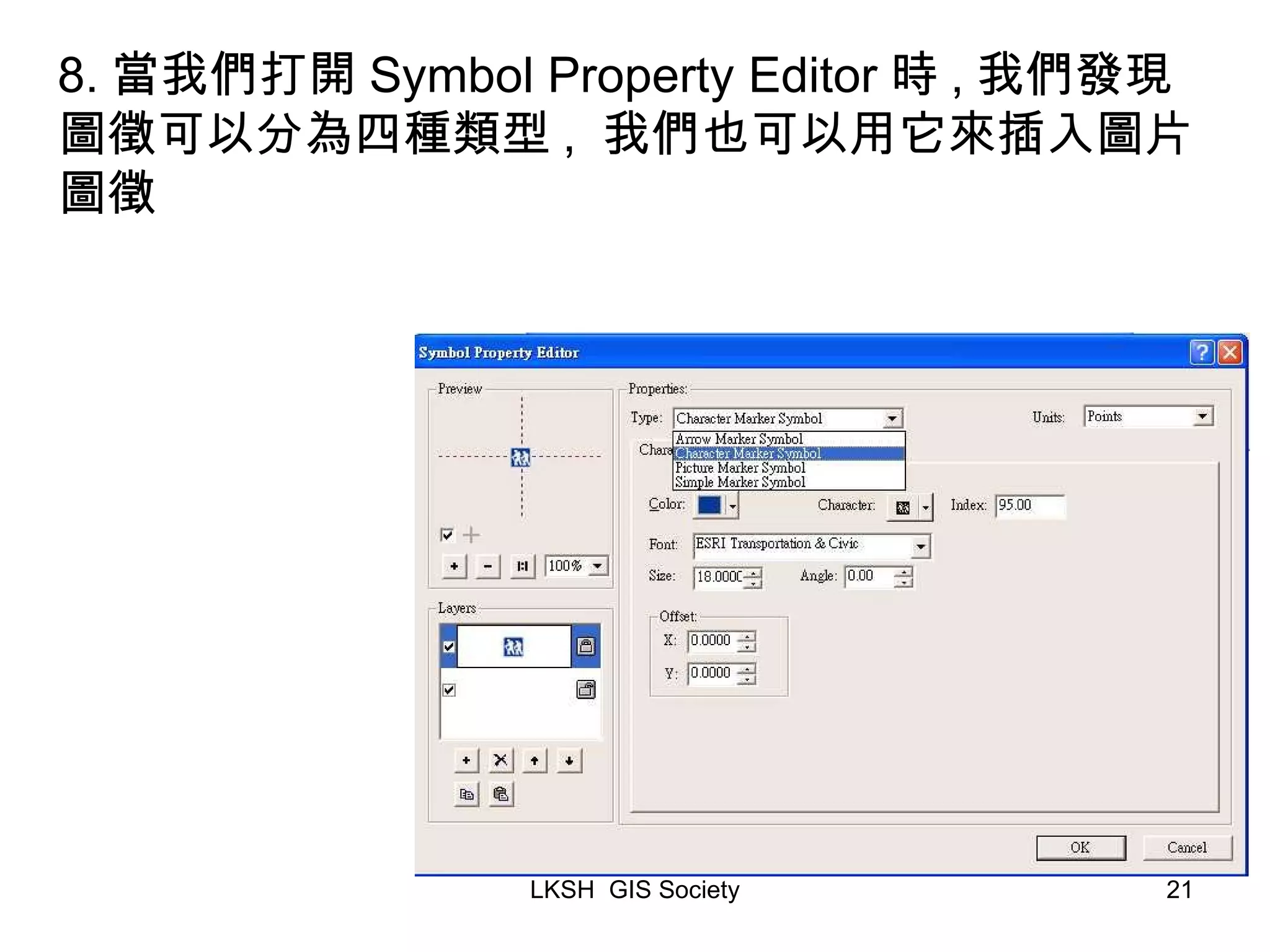 8. 當我們打開 Symbol Property Editor 時 , 我們發現圖徵可以分為四種類型 , 我們也可以用它來插入圖片圖徵 