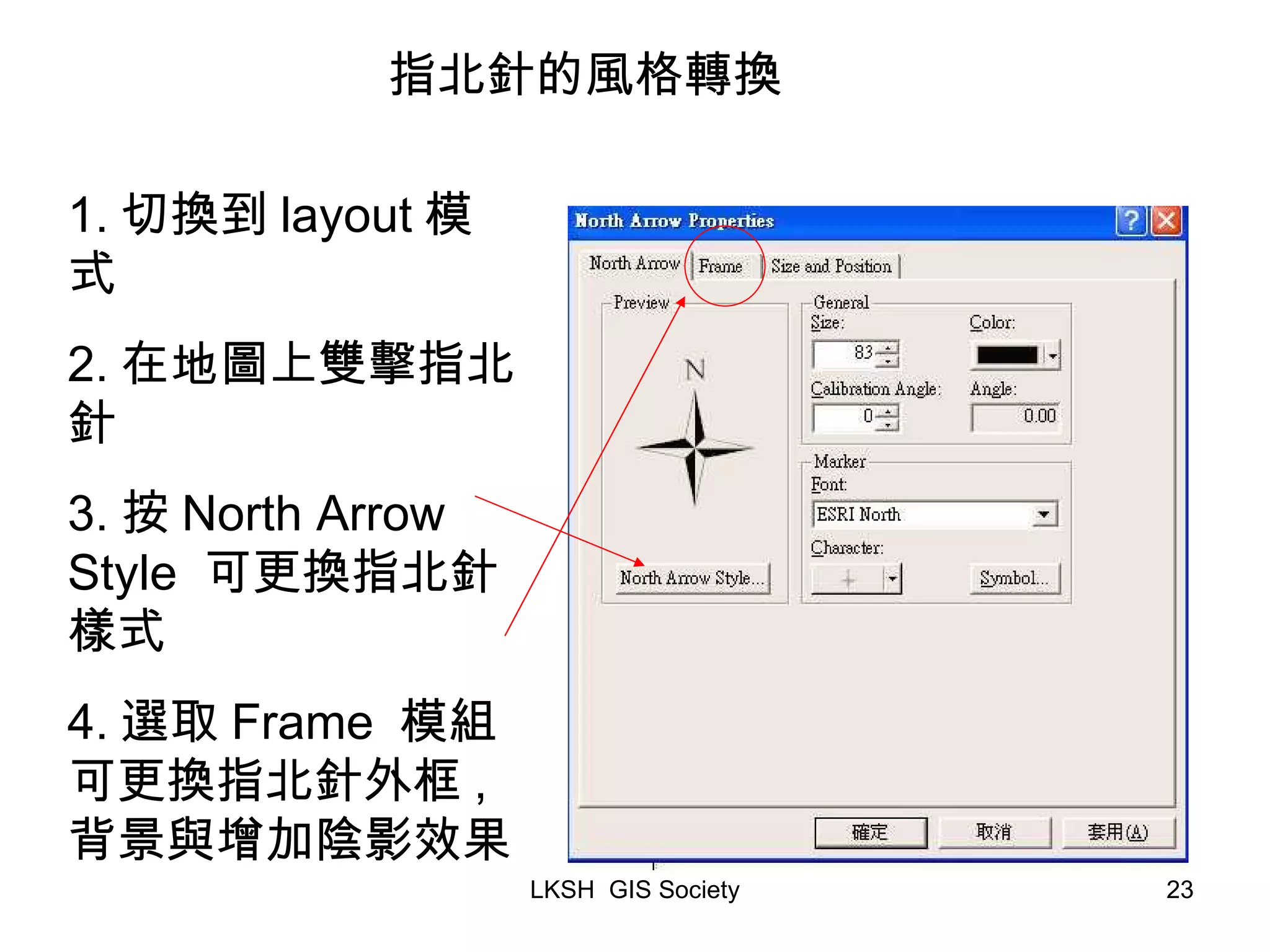 指北針的風格轉換 1. 切換到 layout 模式 2. 在地圖上雙擊指北針 3. 按 North Arrow Style 可更換指北針樣式 4. 選取 Frame 模組可更換指北針外框 , 背景與增加陰影效果 