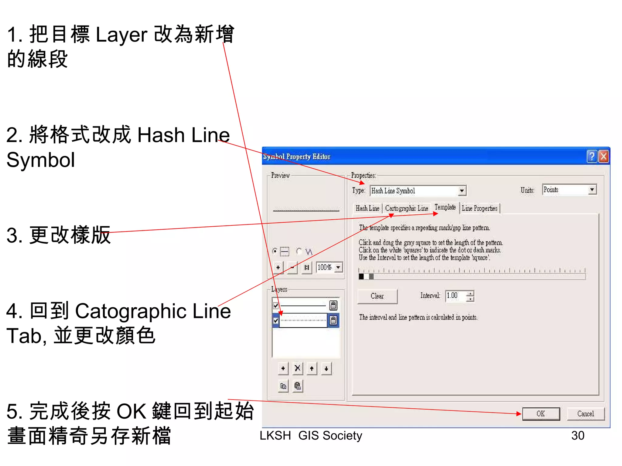 1. 把目標 Layer 改為新增的線段 2. 將格式改成 Hash Line Symbol 3. 更改樣版 4. 回到 Catographic Line Tab, 並更改顏色 5. 完成後按 OK 鍵回到起始畫面精奇另存新檔 