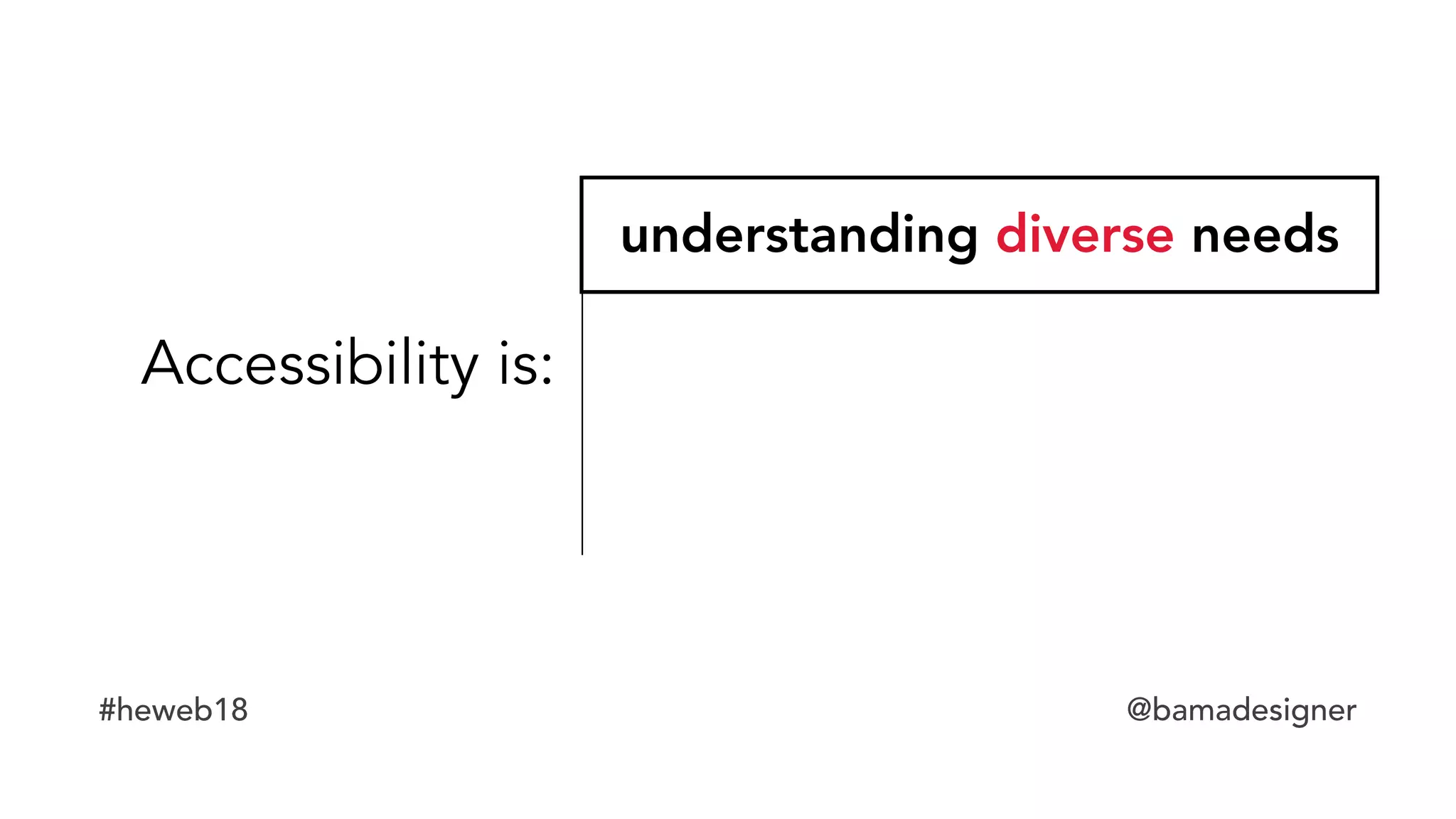 #heweb18 @bamadesigner
Accessibility is:
understanding diverse needs
 