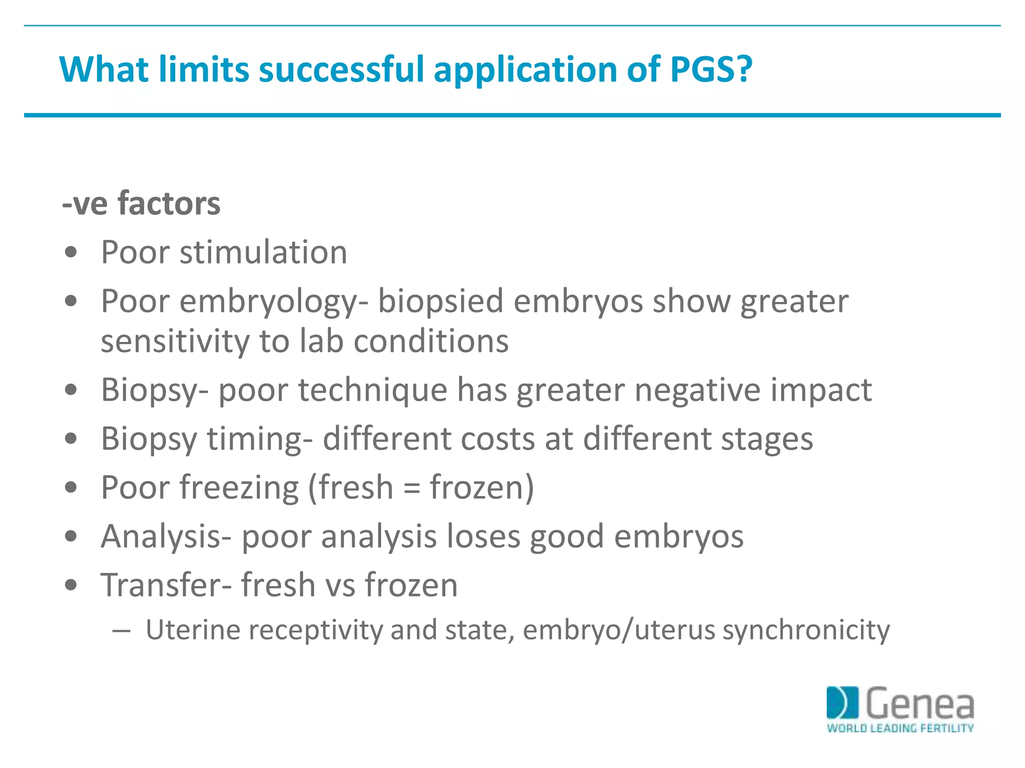 What limits successful application of PGS? 
-ve factors 
• Poor stimulation 
• Poor embryology- biopsied embryos show greater 
sensitivity to lab conditions 
• Biopsy- poor technique has greater negative impact 
• Biopsy timing- different costs at different stages 
• Poor freezing (fresh = frozen) 
• Analysis- poor analysis loses good embryos 
• Transfer- fresh vs frozen 
– Uterine receptivity and state, embryo/uterus synchronicity 
 