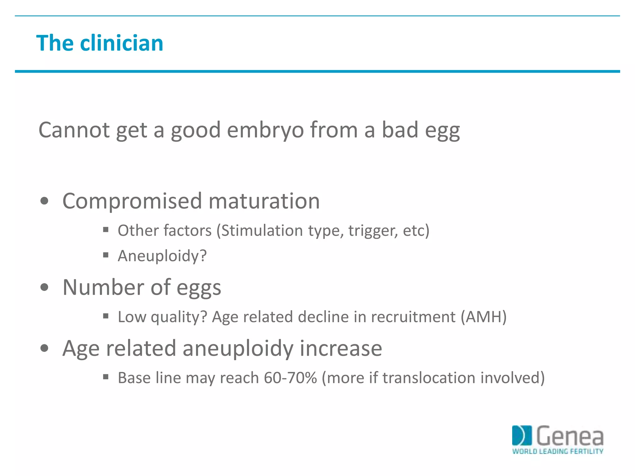 The clinician 
Cannot get a good embryo from a bad egg 
• Compromised maturation 
 Other factors (Stimulation type, trigger, etc) 
 Aneuploidy? 
• Number of eggs 
 Low quality? Age related decline in recruitment (AMH) 
• Age related aneuploidy increase 
 Base line may reach 60-70% (more if translocation involved) 
 