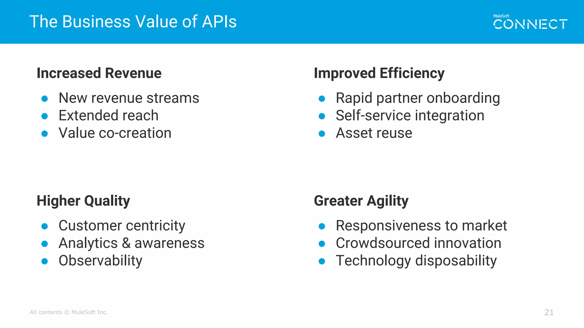 All contents © MuleSoft Inc.
The Business Value of APIs
21
Increased Revenue
● New revenue streams
● Extended reach
● Value co-creation
Improved Efficiency
● Rapid partner onboarding
● Self-service integration
● Asset reuse
Higher Quality
● Customer centricity
● Analytics & awareness
● Observability
Greater Agility
● Responsiveness to market
● Crowdsourced innovation
● Technology disposability
 