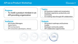 All contents © MuleSoft Inc.
API-as-a-Product Workshop
43
Purpose
• To instill a product mindset in an
API-providing organization
Topics
• API business models and monetization
• Developer experience, productivity, and
community
• Co-creating value through API collaboration
Outputs
• API product roadmaps and business
models
• Developer community outline
• API collaboration opportunities
Audience
• API Product Managers
• Digital teams
• API-owning teams
• API consumers (developers, others)
 