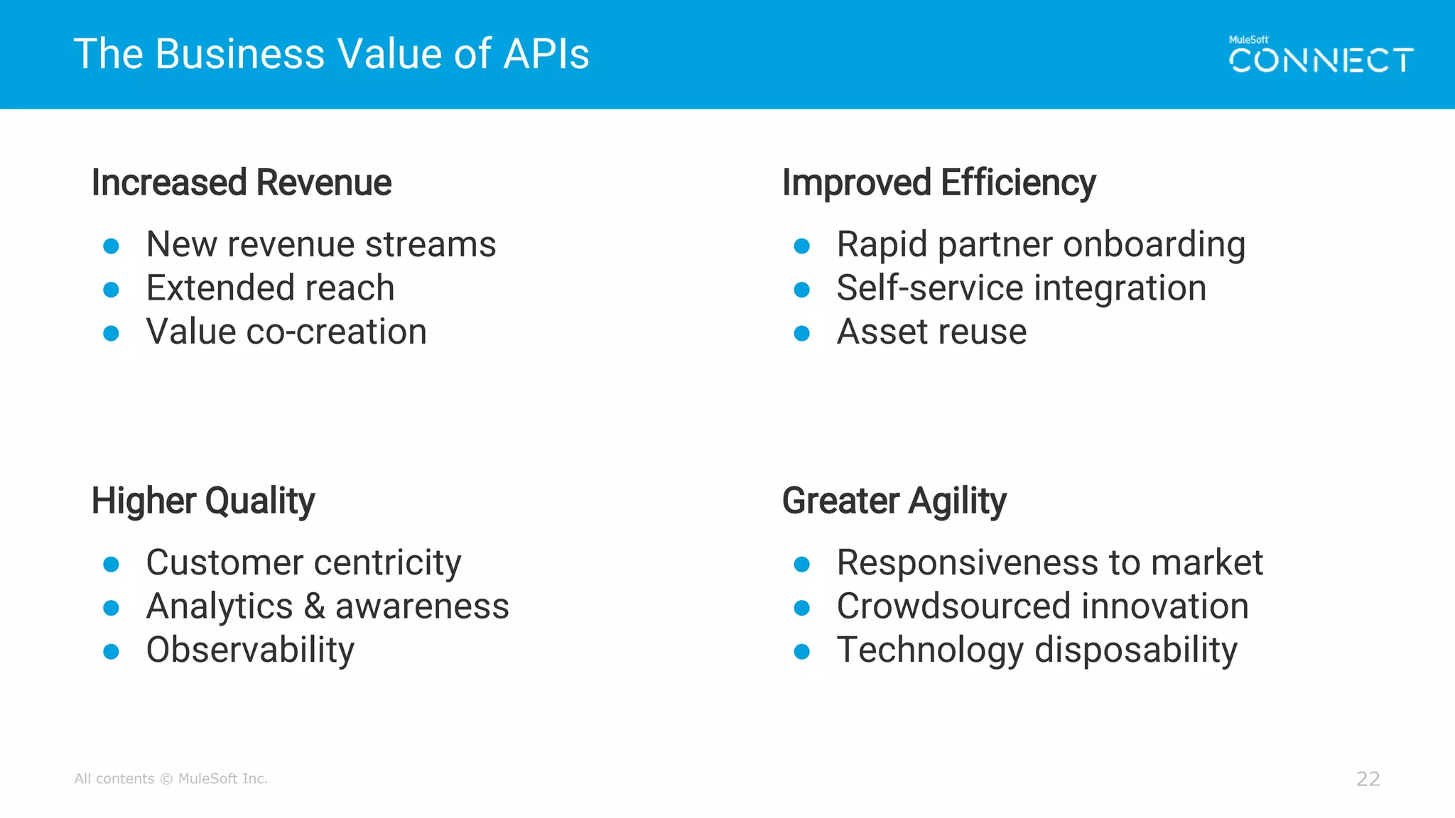 All contents © MuleSoft Inc.
The Business Value of APIs
22
Increased Revenue
● New revenue streams
● Extended reach
● Value co-creation
Improved Efficiency
● Rapid partner onboarding
● Self-service integration
● Asset reuse
Higher Quality
● Customer centricity
● Analytics & awareness
● Observability
Greater Agility
● Responsiveness to market
● Crowdsourced innovation
● Technology disposability
 