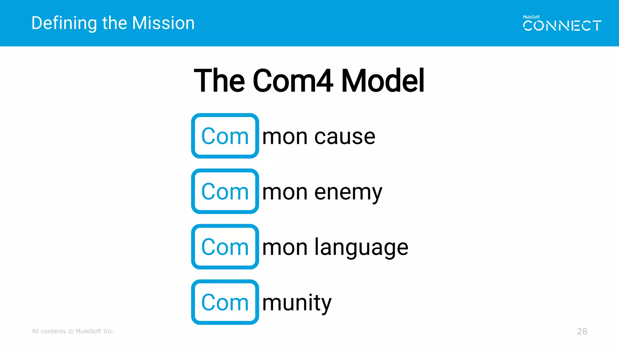 All contents © MuleSoft Inc.
Defining the Mission
28
Com mon cause
mon enemy
mon language
munity
The Com4 Model
Com
Com
Com
 