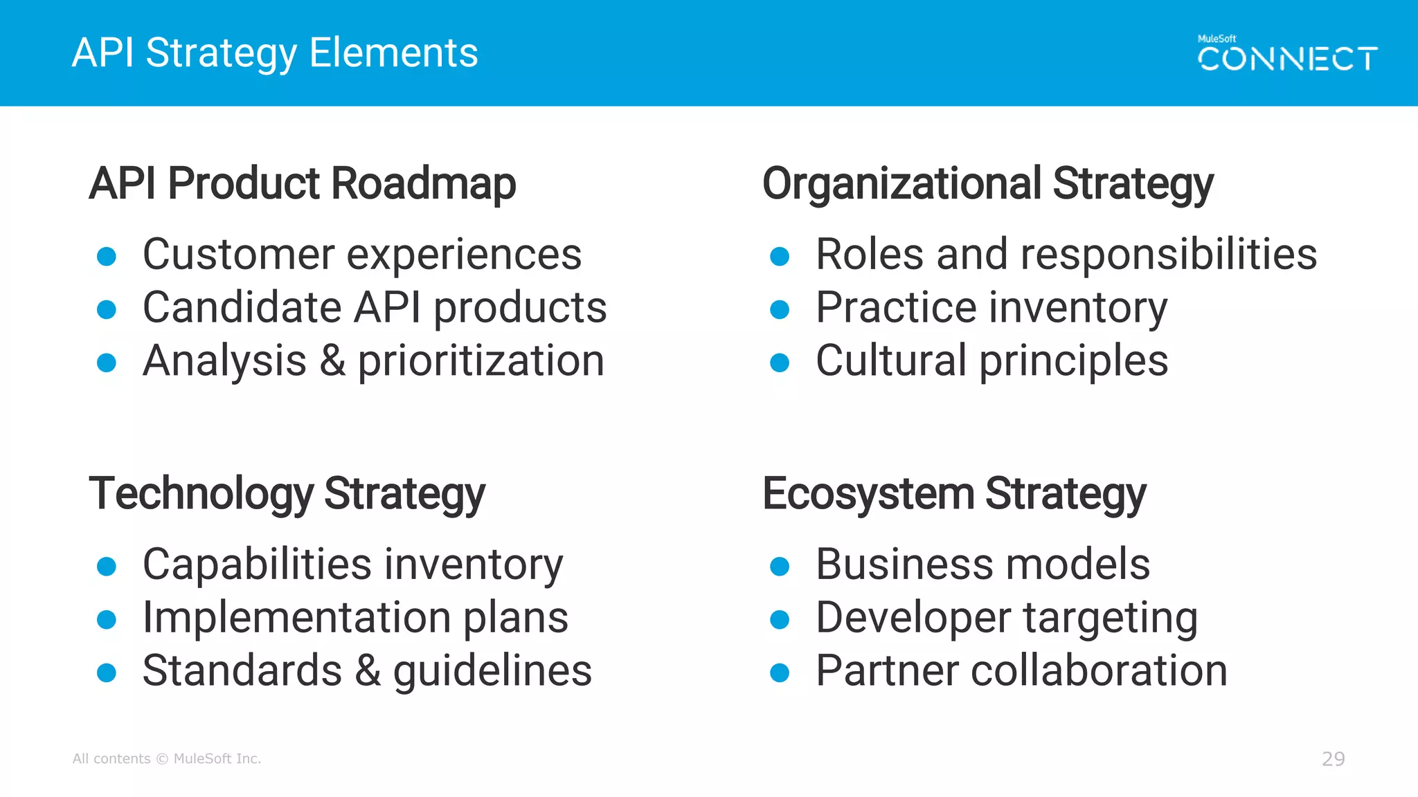 All contents © MuleSoft Inc.
API Strategy Elements
29
API Product Roadmap
● Customer experiences
● Candidate API products
● Analysis & prioritization
Organizational Strategy
● Roles and responsibilities
● Practice inventory
● Cultural principles
Technology Strategy
● Capabilities inventory
● Implementation plans
● Standards & guidelines
Ecosystem Strategy
● Business models
● Developer targeting
● Partner collaboration
 