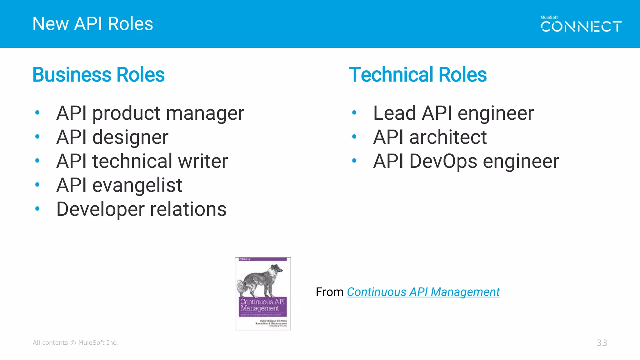All contents © MuleSoft Inc.
New API Roles
33
Business Roles Technical Roles
• API product manager
• API designer
• API technical writer
• API evangelist
• Developer relations
• Lead API engineer
• API architect
• API DevOps engineer
From Continuous API Management
 