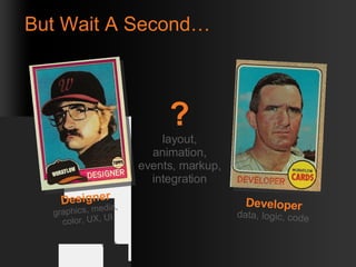 But Wait A Second… Designer graphics, media,  color, UX, UI Developer data, logic, code ? layout, animation, events, markup, integration 