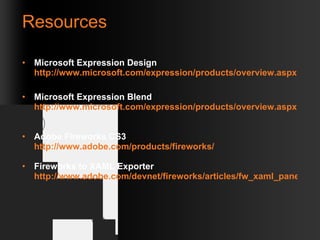 Resources Microsoft Expression Design http://www.microsoft.com/expression/products/overview.aspx?key=design Microsoft Expression Blend http://www.microsoft.com/expression/products/overview.aspx?key=blend   Adobe Fireworks CS3 http://www.adobe.com/products/fireworks/ Fireworks to XAML Exporter http://www.adobe.com/devnet/fireworks/articles/fw_xaml_panel.html Required slide: Please customize this slide with the resources relevant to your session 