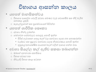 විභාගය ආසන්න කාලය
• යහපේ මානසිකේවය
o විභාගය ආසන්න ගවේදී අවශය පමණට වැඩ ගවගහසීම සහ නිදි මැරීම
ගනොකළ යුතුයි.
o සැහැල්ලුගවන් සහ ප්‍රගබෝධගයන් සිටින්න
• යහපේ ශාරීරික ගසෞකය
o අවශය නින්ද ලබන්න
o ගබෝගවන ගරෝගවලට ගගොදුරු ගනොවී ඉන්න
• පිරිස් ගැවගසන ගපොදු තැන් වල අනවශය ගලස ගත ගනොකරන්න
• වැස්සට සහ සුළගට අනවශය ගලස නිරාවරණය ගනොවී ඉන්න
• නුපුරුදු/අනාරක්ෂිත ආයතන/තැන් වලින් ආහාර ගන්න එපා
• අවශය සියල්ල කල් ඇතිව සකසා තබාගන්න
o ඔබගේ අනනයතා සහතිකය
o විභාග අවසර පත
o නිවැරදි විභාග කාල සටහන
Aurora Computer Studies (auroracs.lk) 10
 