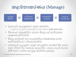 කළමනාකරණය (Manage)
• හැමගේම සැලසුමකට අනුව කරන්න.
o නමුේ එම සැලසුම් යථාර්තවාදීව ගවනස් කරන්න (agile planning)
• විභාගයට මුහුණදීමට අවශය සියලු ගේ සංවිධානය
(organize) කරගන්න.
• සියලු කාර්යන් වල නායකේවය (leadership) ගගන
සාර්ථකේවයට ගමගහයවන්න.
• තමන්ගේ සැලසුමට අනුව කටයුේත ගහොදින් සිදු ගවන
බවට විටින් විට තහවරු කරගන්න. අවශය තැන නැවත
නිසි මගට ගන්න කටයුතු කරන්න (control).
Aurora Computer Studies (www.auroracs.lk) 7
සැලසුම්
(Plan)
සංවිධානය
(Organize)
නායකේවය
(Lead)
පාලනය
(Control)
 