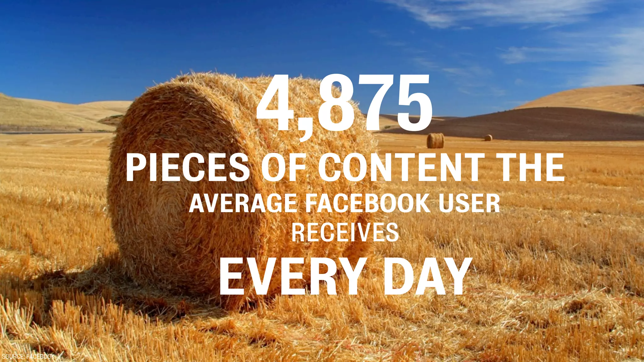 4,875
                   PIECES OF CONTENT THE
                      AVERAGE FACEBOOK USER
                            RECEIVES

                       EVERY DAY
SOURCE: FACEBOOK
 