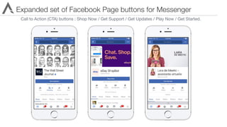 Expanded set of Facebook Page buttons for Messenger
Call to Action (CTA) buttons : Shop Now / Get Support / Get Updates / Play Now / Get Started.
 