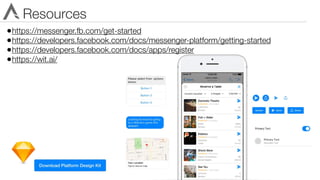 Resources
•https://messenger.fb.com/get-started
•https://developers.facebook.com/docs/messenger-platform/getting-started
•https://developers.facebook.com/docs/apps/register
•https://wit.ai/
 