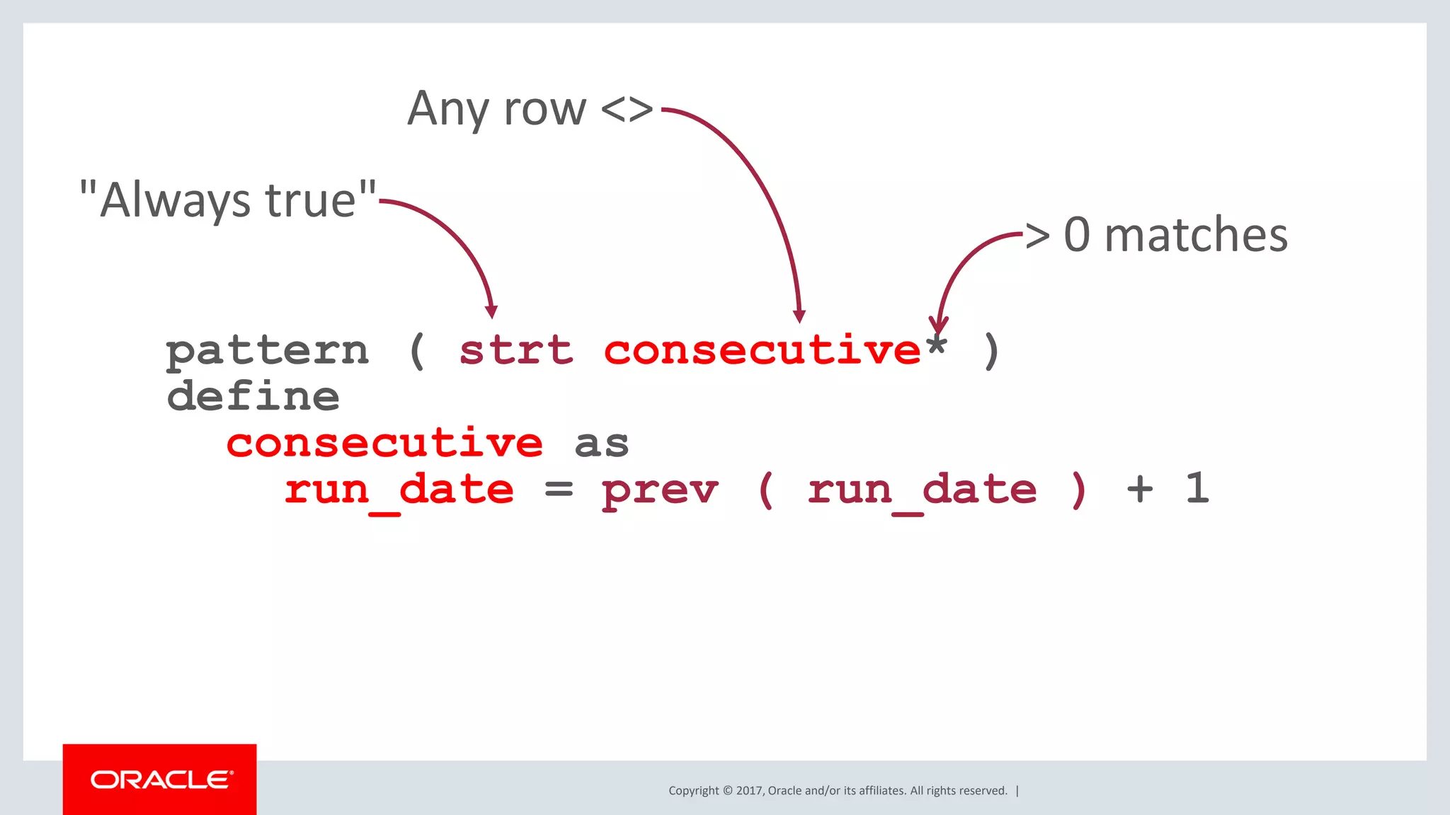 Copyright © 2017, Oracle and/or its affiliates. All rights reserved. | pattern ( strt consecutive* ) define consecutive as run_date = prev ( run_date ) + 1 "Always true" > 0 matches Any row <> 