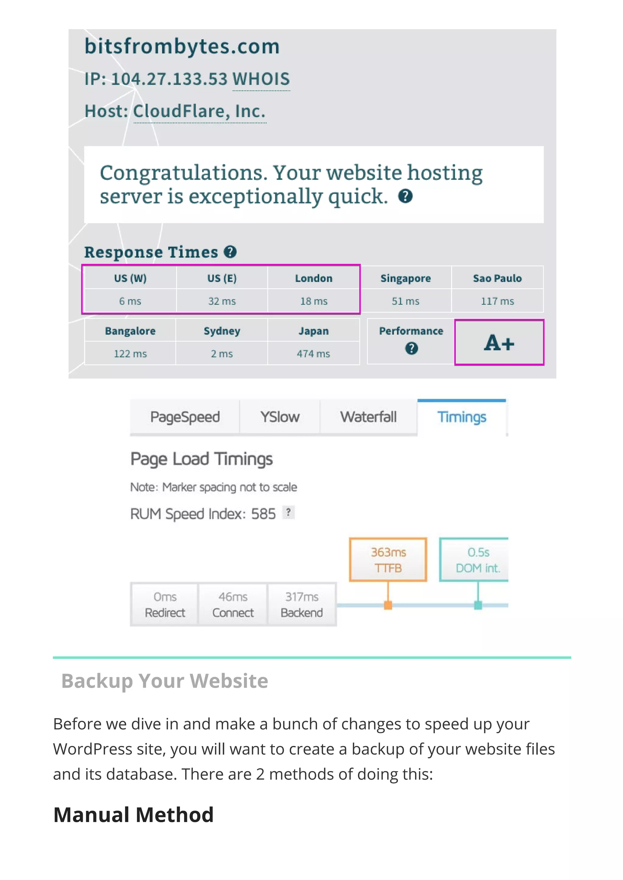 Backup Your Website
Before we dive in and make a bunch of changes to speed up your
WordPress site, you will want to create a backup of your website les
and its database. There are 2 methods of doing this:
Manual Method
 