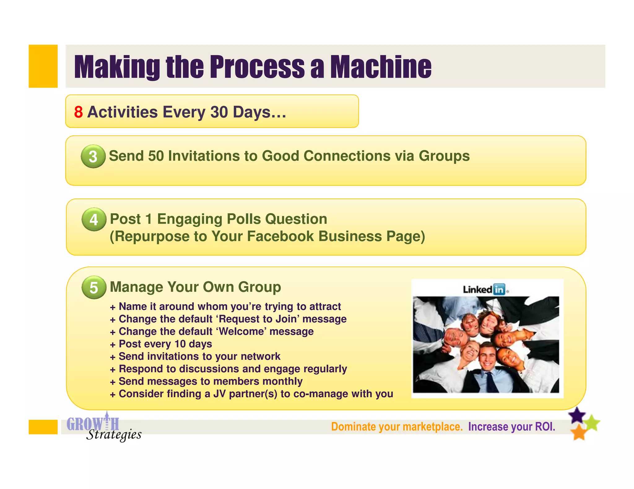 Making the Process a Machine
8 Activities Every 30 Days…

 3 Send 50 Invitations to Good Connections via Groups


 4 Post 1 Engaging Polls Question
    (Repurpose to Your Facebook Business Page)


 5 Manage Your Own Group
    + Name it around whom you’re trying to attract
    + Change the default ‘Request to Join’ message
    + Change the default ‘Welcome’ message
    + Post every 10 days
    + Send invitations to your network
    + Respond to discussions and engage regularly
    + Send messages to members monthly
    + Consider finding a JV partner(s) to co-manage with you


                                               Dominate your marketplace. Increase your ROI.
 