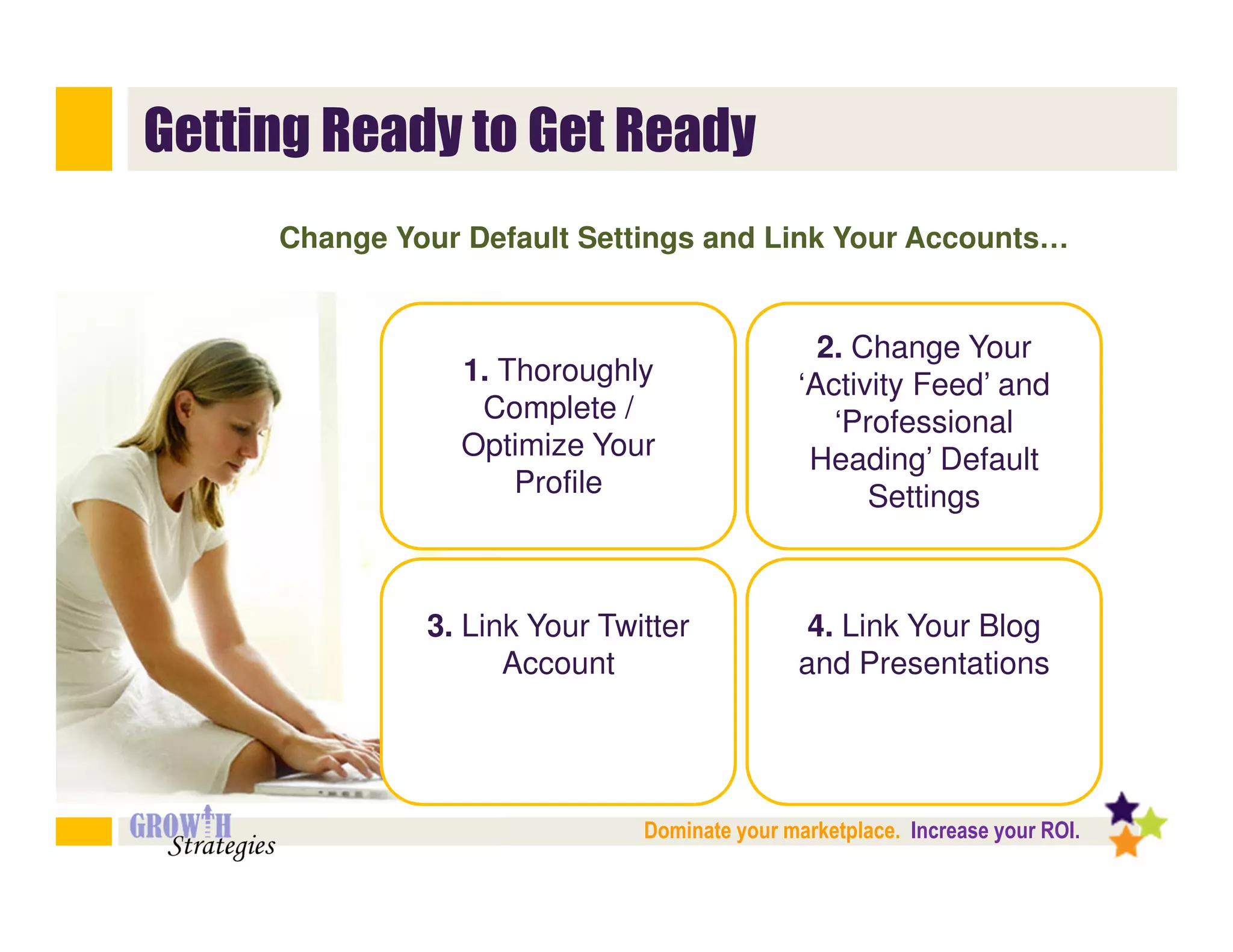 Getting Ready to Get Ready
     Change Your Default Settings and Link Your Accounts…


                …33% visit social                2. Change Your
                 1. Thoroughly
                  media sites to
                                                 …47% say social
                                               ‘Activity Feed’ and
                   Complete /                  media sites influence
                engage in product                 ‘Professional
                                                 their decisions to
                 Optimize Your
                 research before
                                                Heading’ specific
                                                 purchase Default
               making a purchasing
                     Profile                    brands or services
                                                     Settings
                    decision.



              …26% of respondents
              3. Link Your Twitter
               changed their minds              4. Link Your Blog
                                               …Facebook—just one
                    Account
               about purchasing a              and Presentations
                                                social media site—
               product after reading           signs up 600,000 new
                about it on a social                users daily
                    media site

                                Dominate your marketplace. Increase your ROI.
 