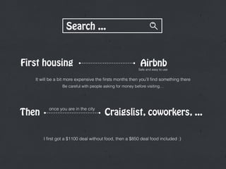 I ﬁrst got a $1100 deal without food, then a $850 deal food included :)
First housing
Then
once you are in the city
AirbnbSafe and easy to use
Craigslist, coworkers, ...
It will be a bit more expensive the ﬁrsts months then you’ll ﬁnd something there 
Be careful with people asking for money before visiting…
Search ...
 